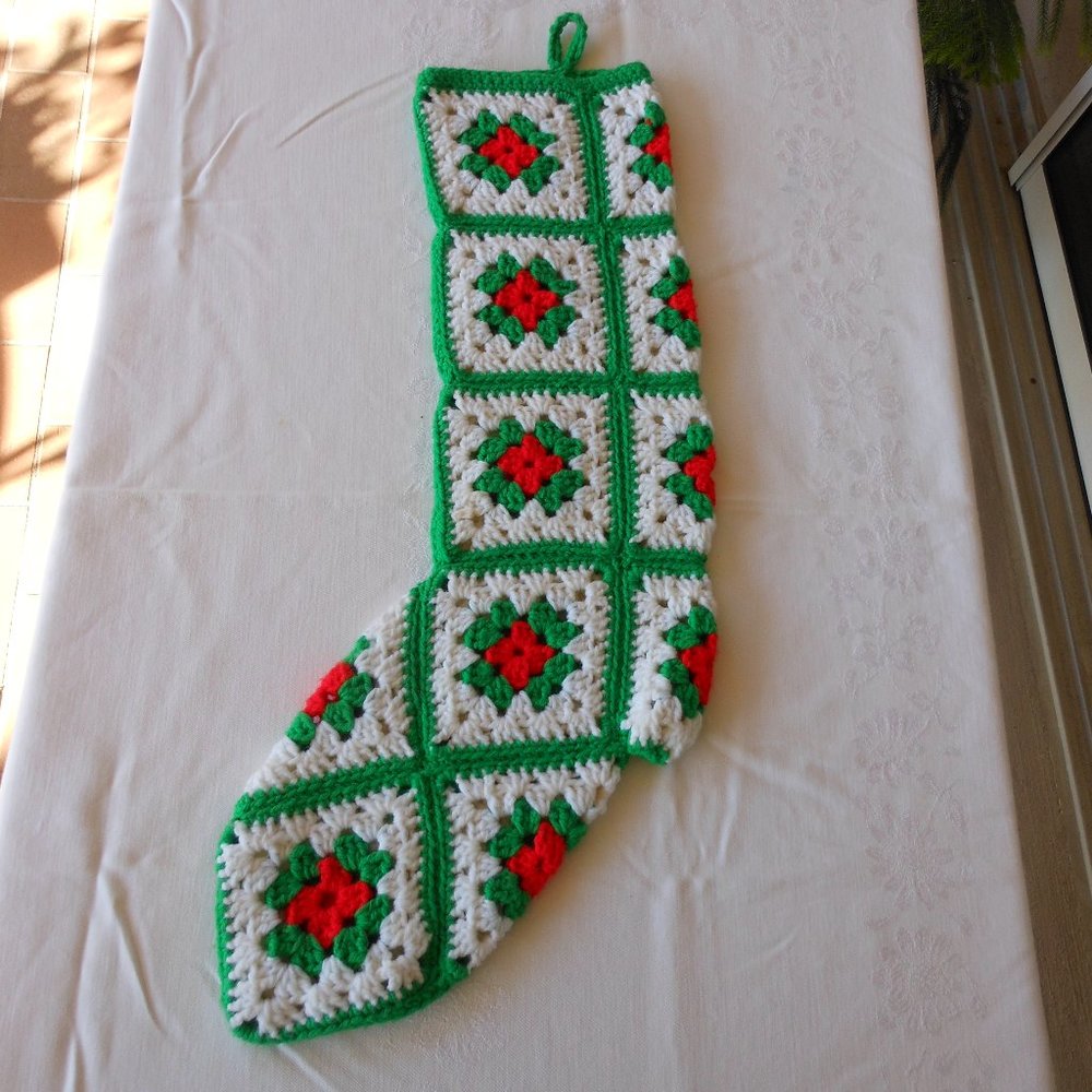 VINTAGE HANDMADE Large Granny Square Christmas Stocking